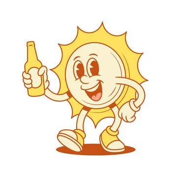 Comic yellow sun cartoon character with beer bottle contoured vector flat ill Stock Illustration