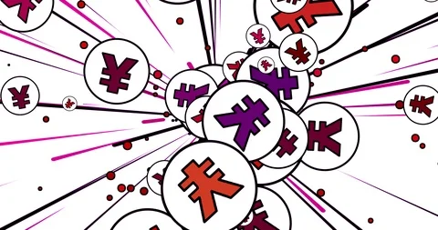 Comic yen with black outlines, stripes and sparkles flying, 4k, loop Stock Footage 94184313