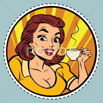 Comic Young Beautiful Woman Drinking Coffee