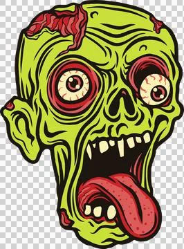 Comic zombie head showing exposed brain bulging eyes tongue on transparent 스톡 일러스트