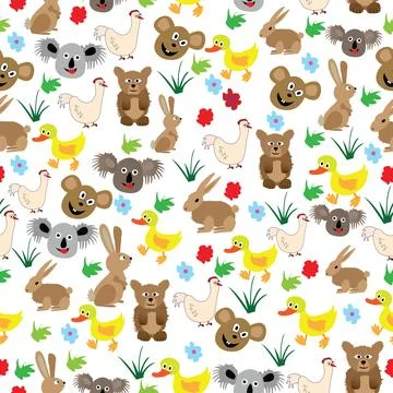 Comical seamless pattern with wild and domestic animals white background Stock Illustration