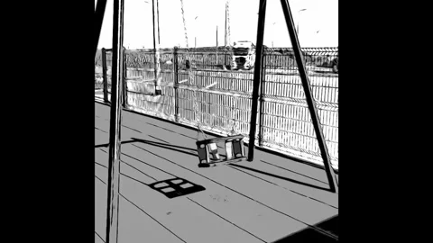 Comics black white swing/ a lonely swing swinging on a rubber-surfaced playgroun 스톡 동영상 283752556