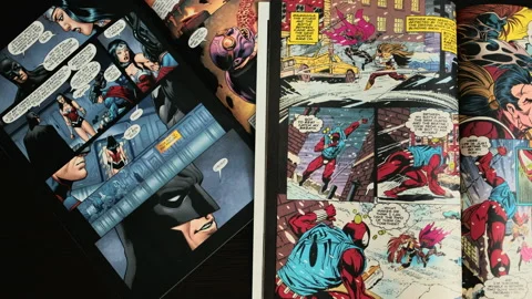 Comics book page background, top view of comic book pages. Stockbeeldmateriaal 133650167
