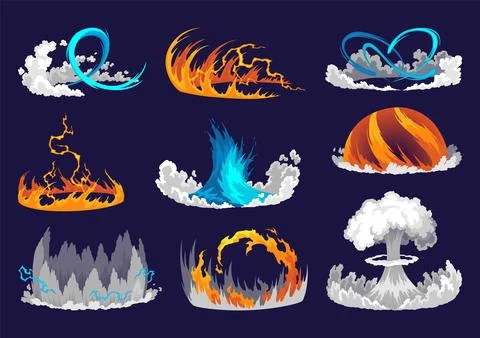 Comics boom explosion icon set. Fire blast element. Explosive smoke for game Stock Illustration