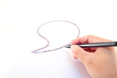 Comics bubble and hands with pencil and rubber isolated on white background Stock Photos