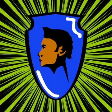 Comics cartoons style shield with human head on star burst Stock Illustration