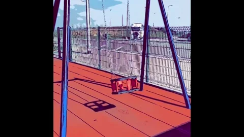 Comics color swing/ a lonely swing swinging on a rubber-surfaced playground 스톡 동영상 283751522