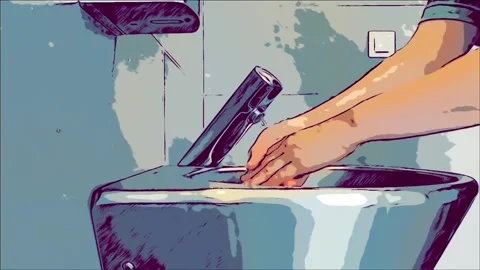 Comics color wash hands with a touchless tap 스톡 동영상 283751518