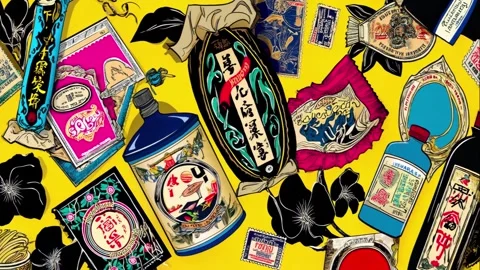 Comics-inspired grocer label mix of market typography and illustrations Stock Footage 308033612
