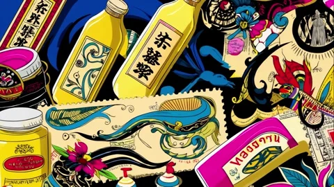 Comics-inspired label collage of Asian snacks and borders Stock Footage 308033608
