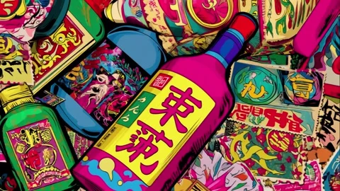 Comics-inspired label collage of Thai food labels and postcards Stock Footage 308033594