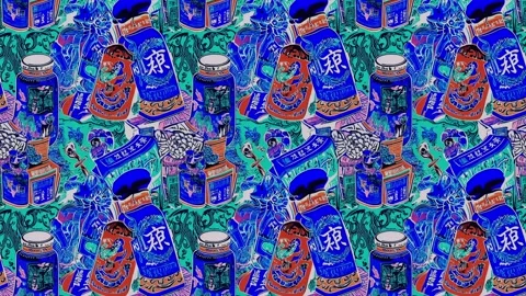 Comics-inspired poster layout with Asian snacks and stamps — Vertical motion Stock Footage 308072422