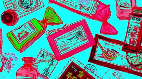 Comics-inspired product tag pattern of tea and herbs and stamps Stock Footage 308030929