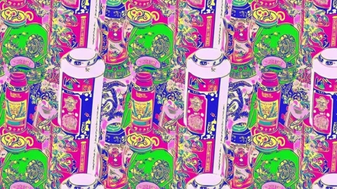 Comics-inspired stamp grid with Chinese groceries and stamps — Horizontal motion Stock Footage 308072045