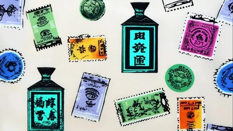 Comics-inspired stamp grid of tea and herbs and postcards Video stock 308032294