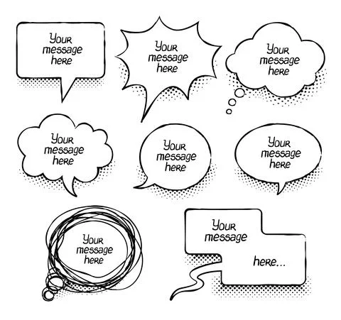 Comics message clouds collection. Hand drawn speech bubbles. Illustration. Stock Illustration