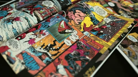 Comics page background, top view of comic book pages Stockbeeldmateriaal 133650533