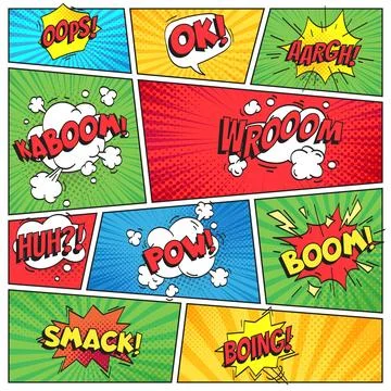 Comics page. Comic book grid frame, funny oops bam smack text speech bubble.. Stock Illustration