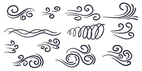 Comics style doodle wind motion collection. Hand drawn vector illustration set. Stock Illustration