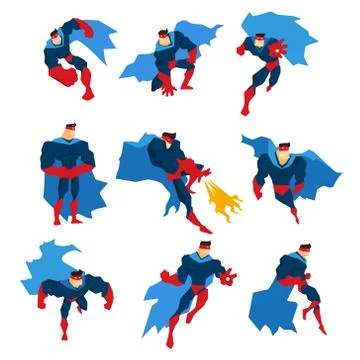 Comics Superhero With Blue Cape In Action Classic Poses Stickers Stock Illustration