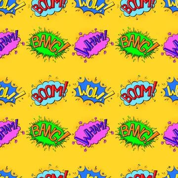 Comics text sound effects pattern. Bubble speech phrases Boom, Wow, Bang, Wham 스톡 일러스트