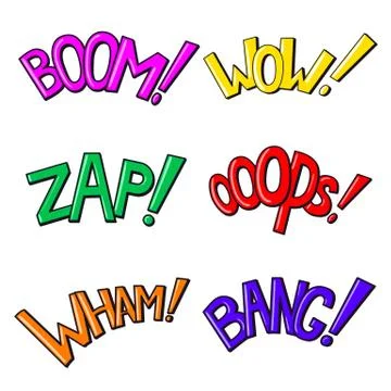 Comics text sound effects. Phrases Boom, Wow, Zap, Oops, Wham, Bang Stock-Illustration