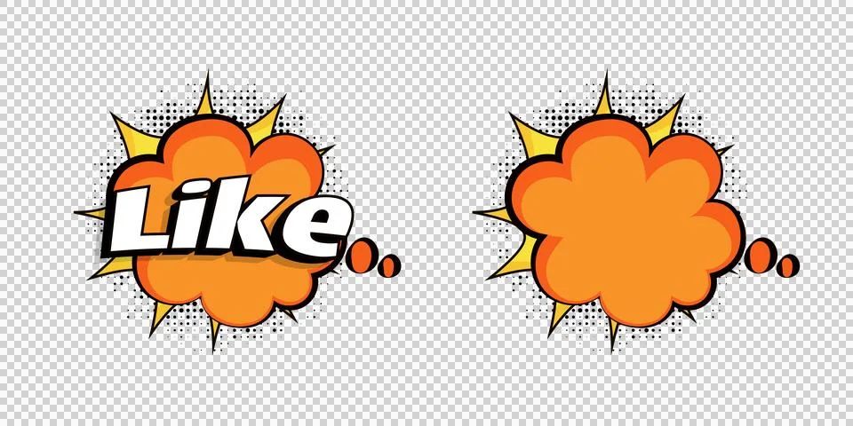 Comicstyle orange speech bubbles with like text and yellow spikes on white .. Stock Illustration