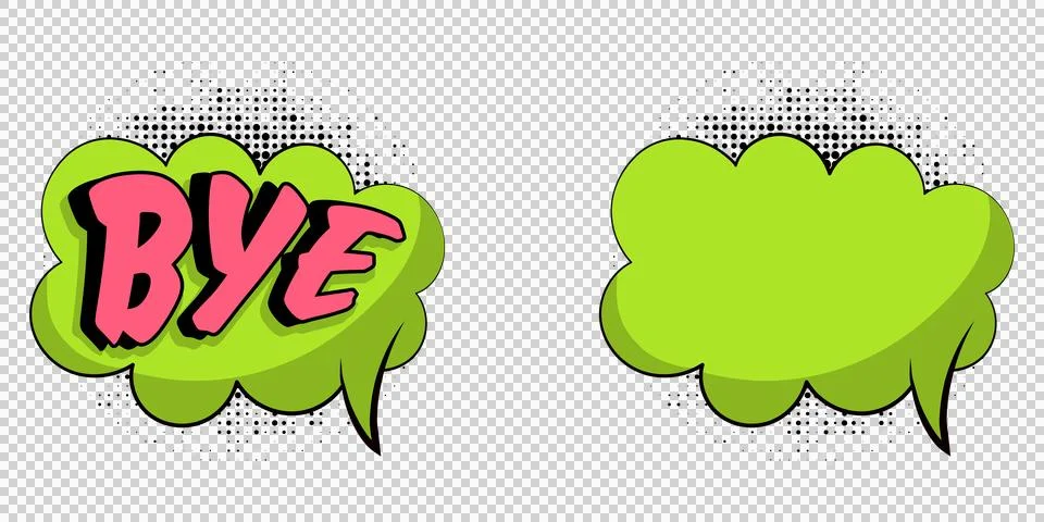 Comicstyle speech bubbles with bye text and empty green cloud for dialogue .. Stock Illustration