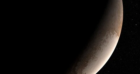 Coming around to the lit side of Pluto, in medium orbit. Stock Footage 92270134