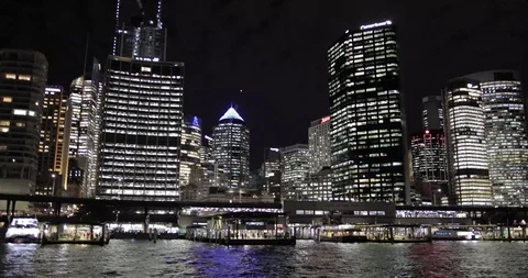 Coming into Circular Quay at Night Stock Footage 114302882