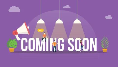 Coming soon big word text with people team around the text with big lamp shin Stock Illustration
