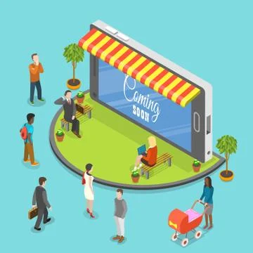 Coming soon flat isometric vector concept. Stock Illustration