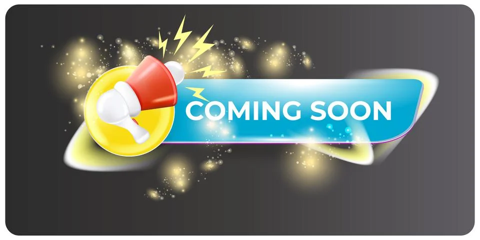 Coming soon horizontal banner with megaphone and button on grey modern Stock Illustration