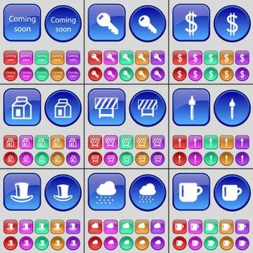 Coming soon, Key, Dollar, Package, Barrier, Pipette, Silk hat, Cloud, Cup. A lar Stock Illustration