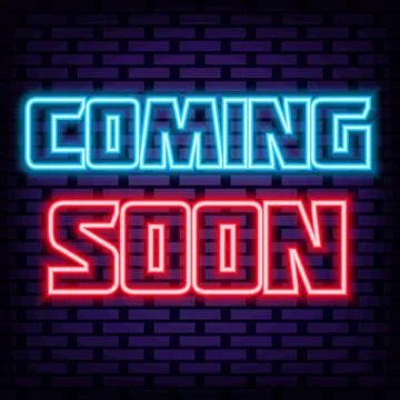 Coming Soon Neon sign. Glowing with colorful neon light. Light banner. Stock Illustration