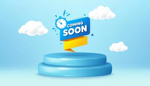 Coming soon paper banner. Timer announcement tag. Winner podium 3d base. Vector Stock Illustration