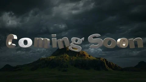 Coming soon text animation over dark mountain landscape with dramatic storm Stockbeeldmateriaal 344648206