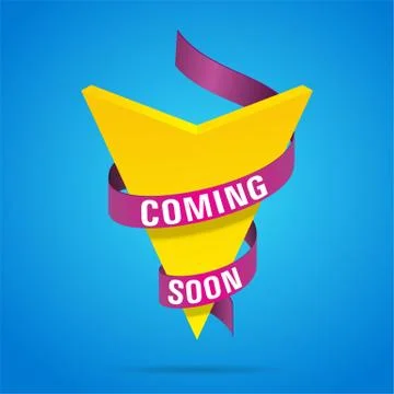 Coming Soon vector Banner design with Yellow Arrow and Purple Ribbon Stock Illustration