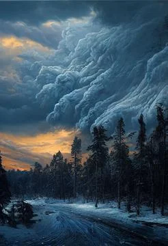 Coming storm over the winter forest on the sunset Stock Illustration