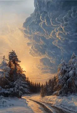 Coming storm over the winter forest on the sunset Stock Illustration