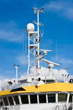 Command bridge, antennas, radar and  other communication and navigation equip Stock Photos