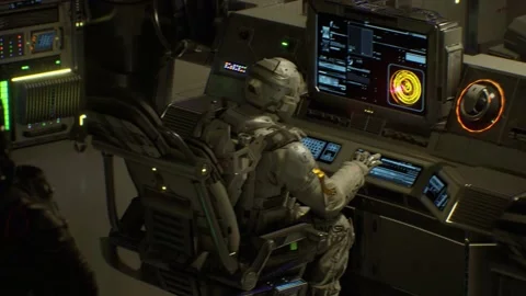 Command Bridge Monitors Flash Red in Sci-Fi Emergency Stock Footage 151611531