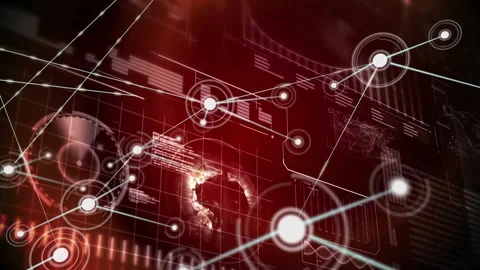 Command HUD showing red grid, node appearing, spawning lines, forming tech Stock Footage 331756803