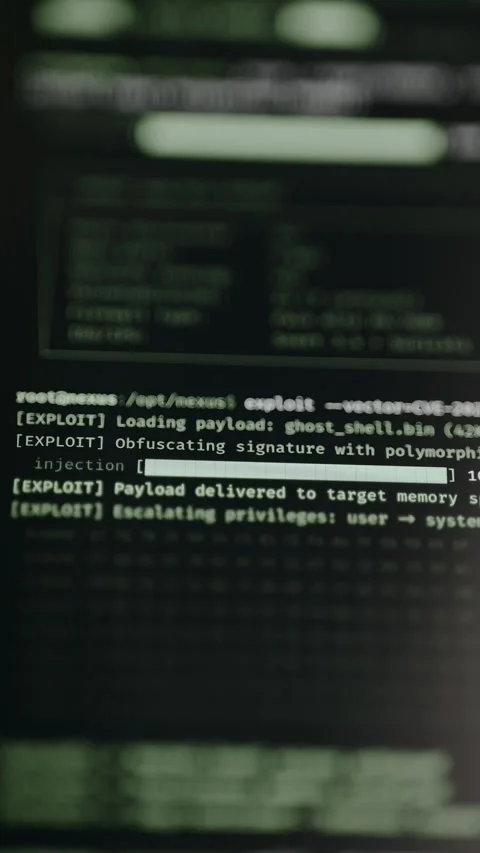 Command-line interface terminal executing a security exploit script Stock Footage 332047705