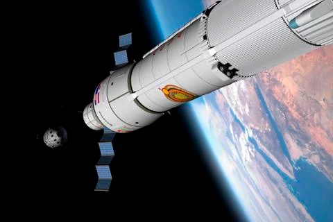 A command module approaches an awaiting rocket in Earth orbit. Stock Illustration