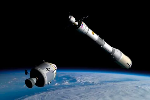 A command module approaches an awaiting rocket in Earth orbit. Stock Illustration