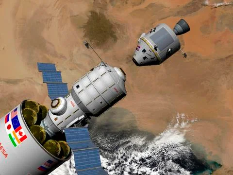 A command module prepares to dock with a Phobos mission rocket in Earth orbit. Stock Illustration