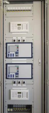 Command panel in modern electrical substation Stock Photos