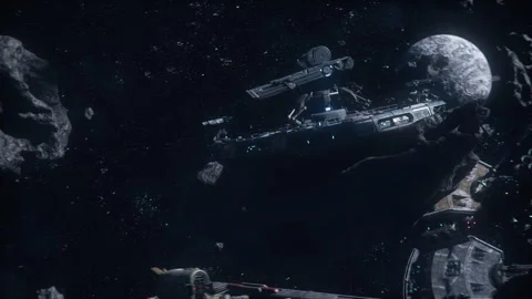 Command Ship Orbiting Earth With Tactical Drones Stock Footage 309018144