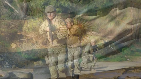 On command squad leader moving with rifles along military drill track, past Video stock 321099673